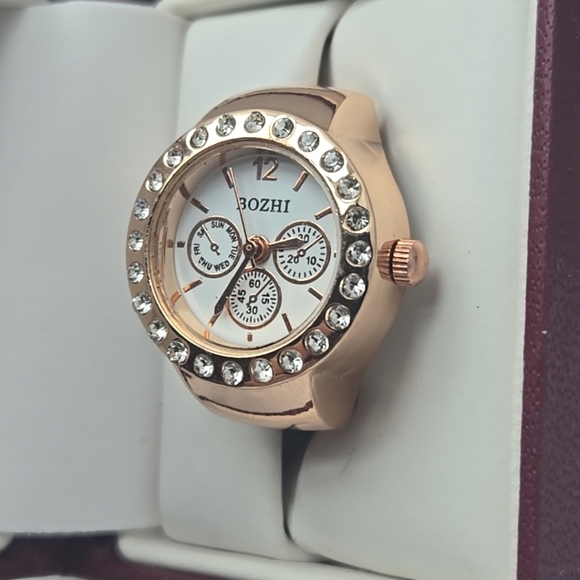 Womens Bozhi Ring Watch Rose Gold Tone Stone Bezel Stretch Band Working - Picture 2 of 14
